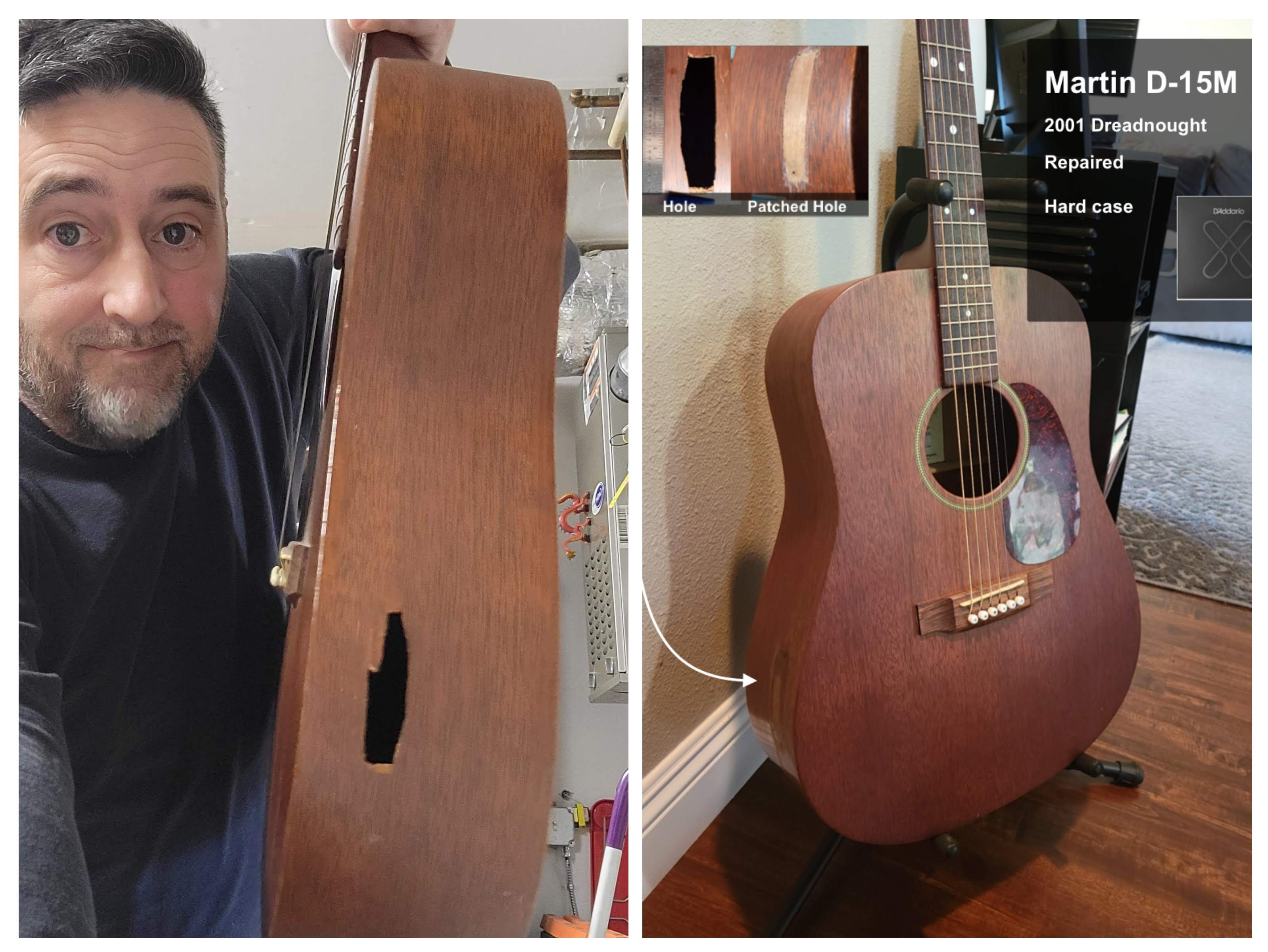Martin D-15M side puncture repair with new mahogany patch