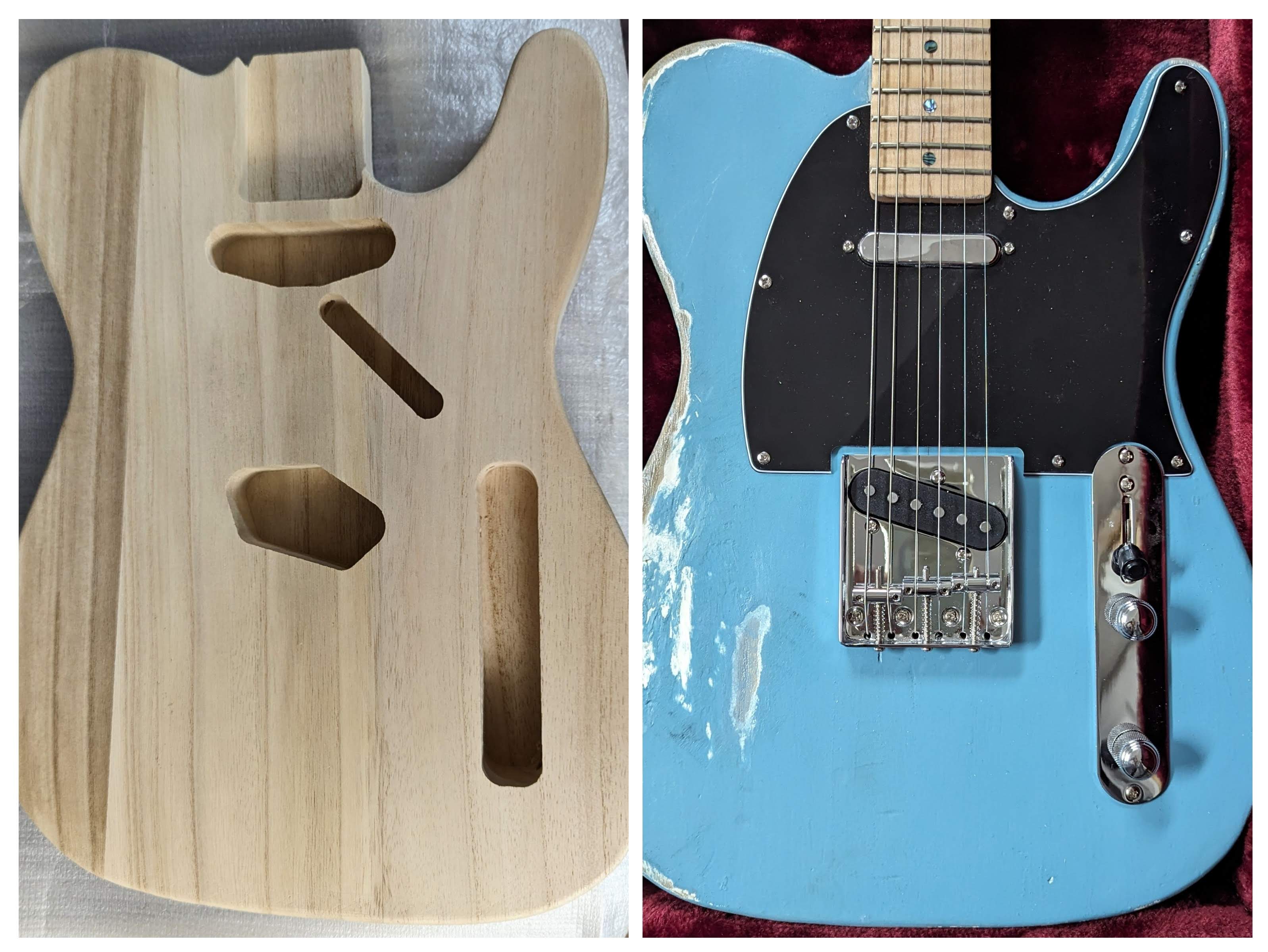 Custom Telecaster build with relic nitro finish on the bench